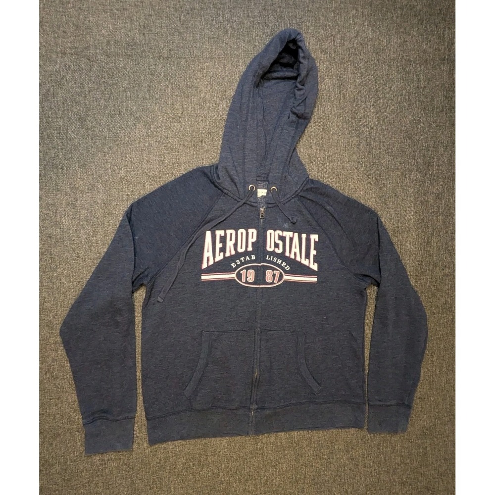 Aeropostale 1987 Logo Full Zip Women's XL Hoodie Gray Y2K Pockets Sweatshirt